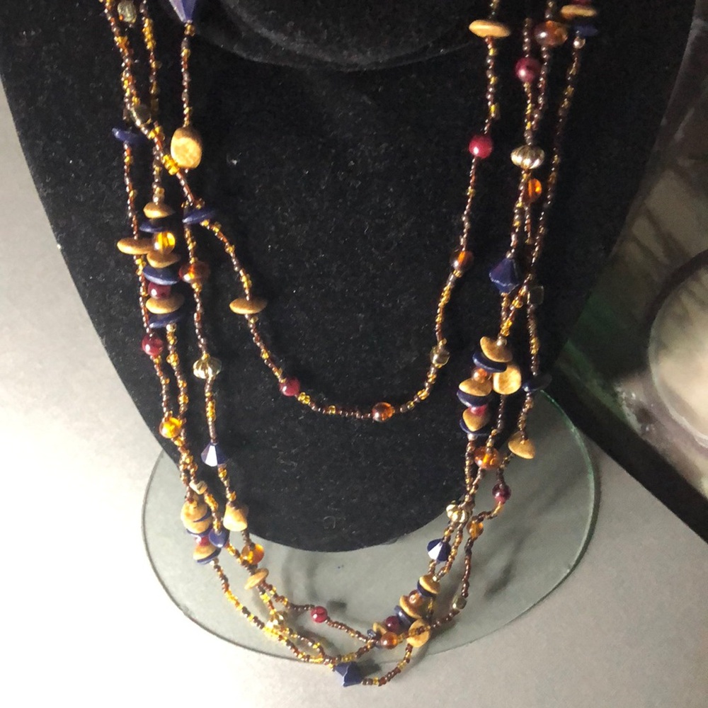 Multi-Strand Beaded Statement Necklace in Blue, Gold & Burgundy - Women Jewelry